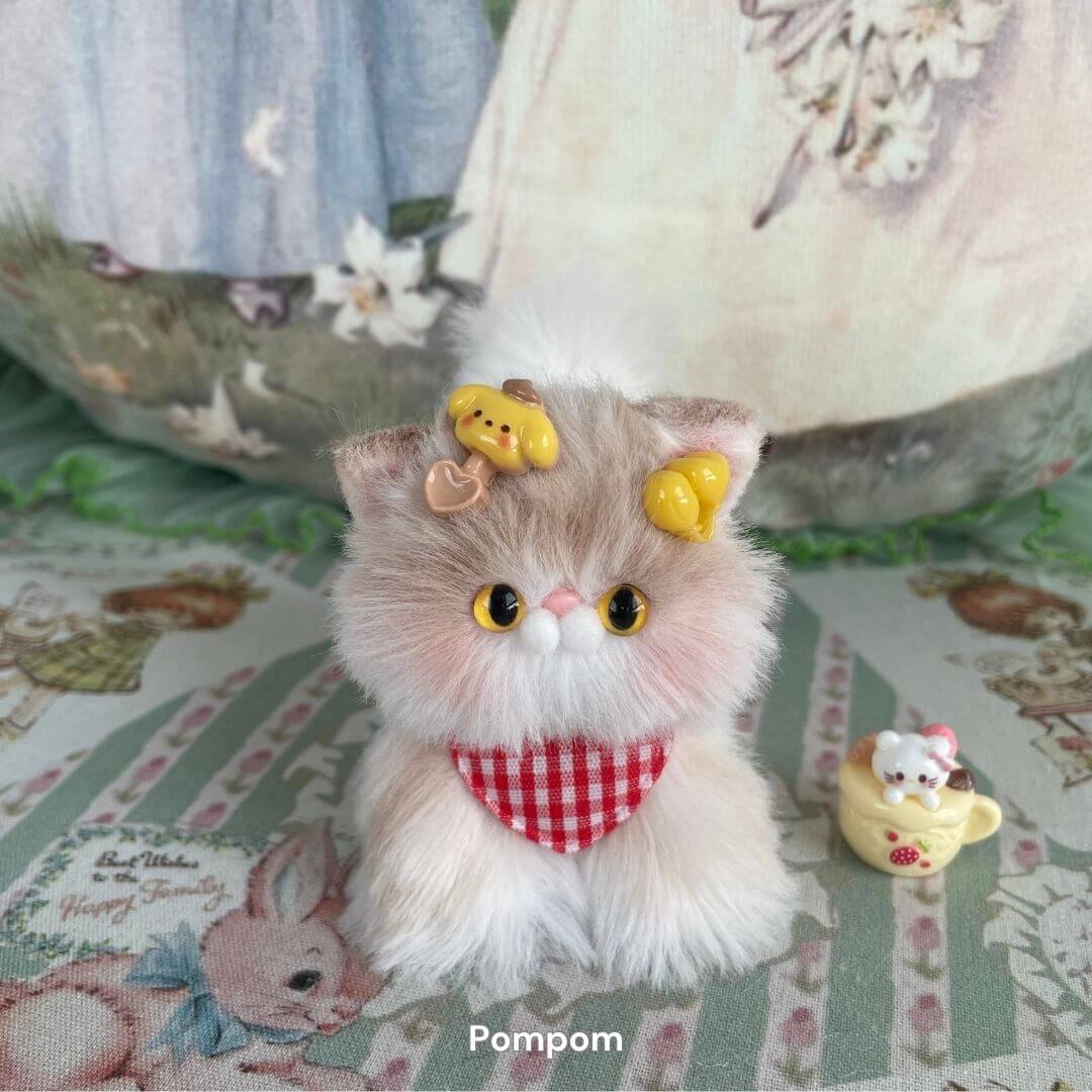 Handmade fluffy kitten figure with accessories, wearing a red checkered bandana, from the Adorable Kitten Collection.