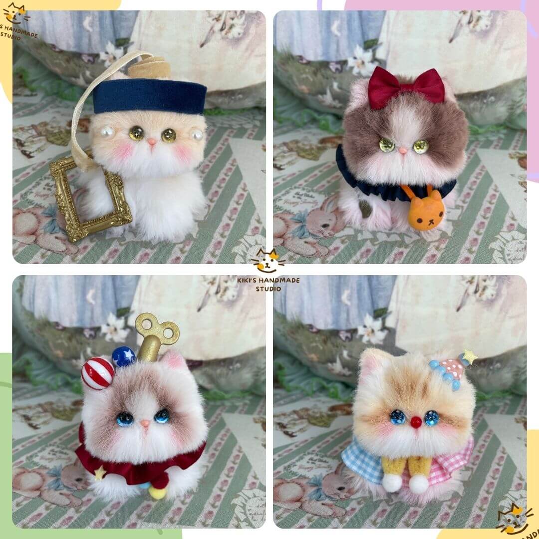 Cute handmade cosplay kitten plush toys with magic hats, bows, and festive outfits, part of the Cosplay Kitten Collection.