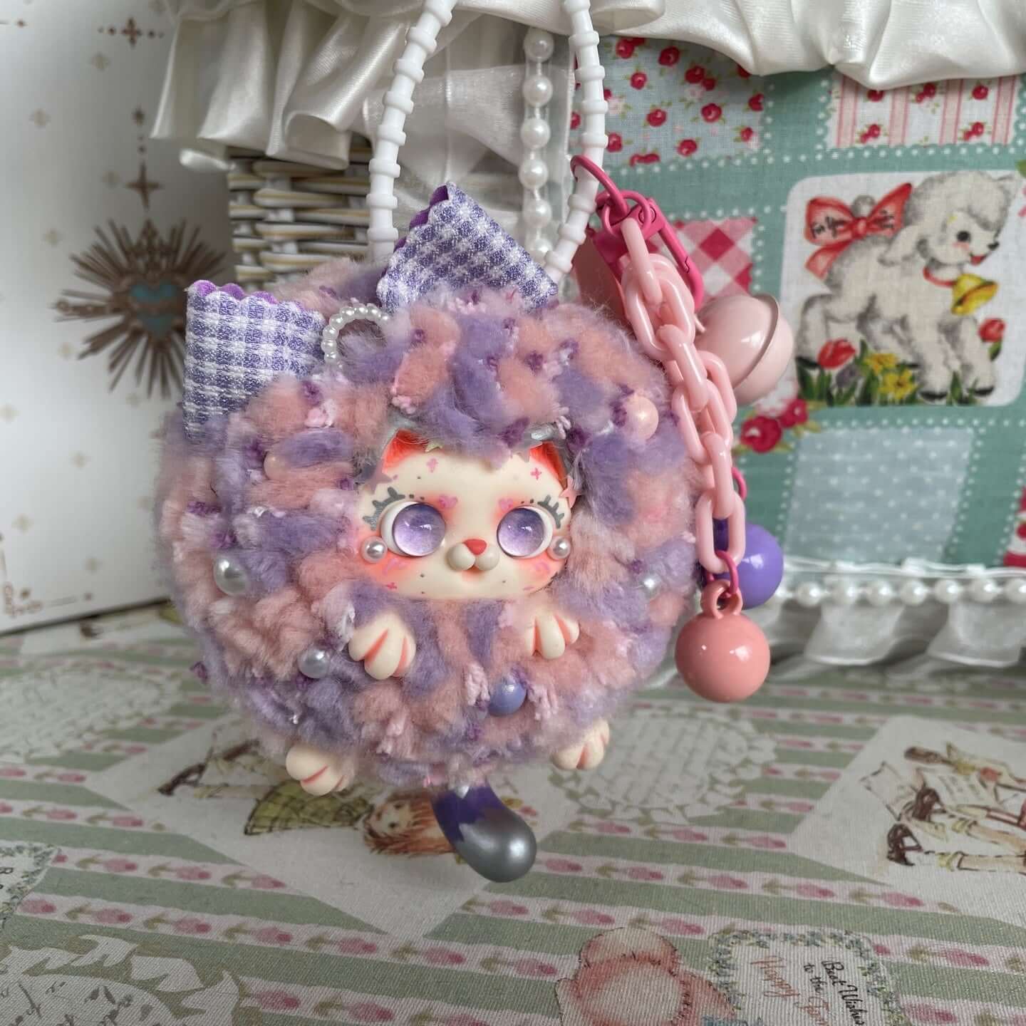 Limited Edition Handmade Fluffy Kitten Ball Bag Pendant with multi-colored plush design and whimsical details, 8.5 cm height.