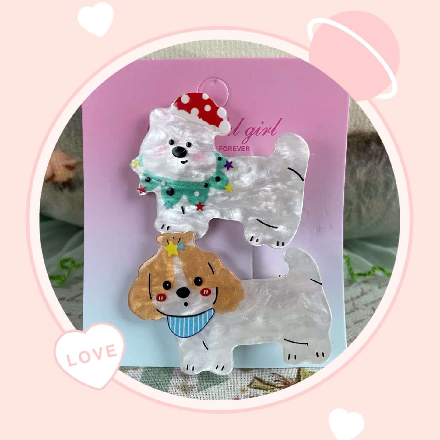 Cute animal hair clips featuring adorable kitten and puppy designs, perfect for styling hair or decorating bags and clothing.