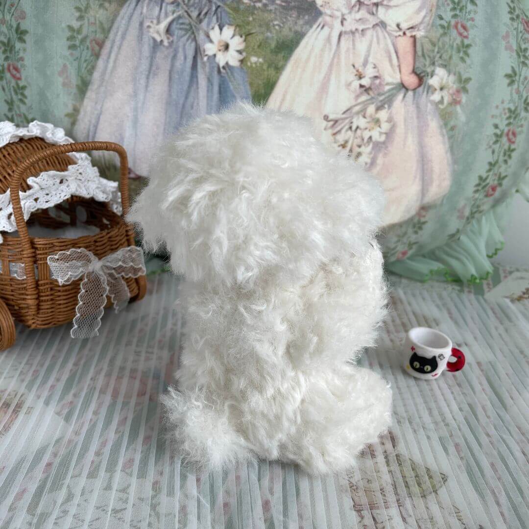 Cuddly Curly Teddy Dog with lace accessories, handmade plush toy by Kiki's Studio, featuring curly fur and jointed limbs.