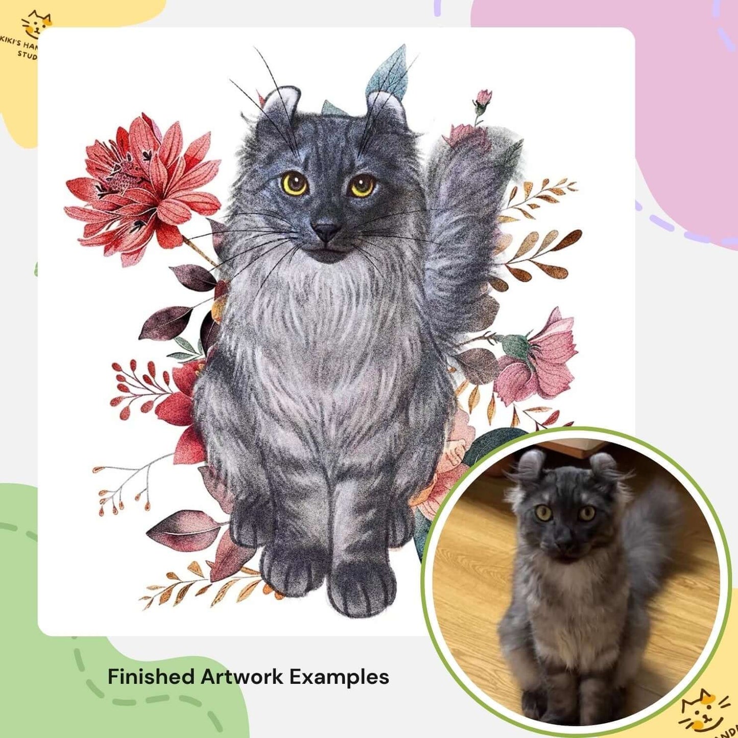 Custom digital pet portrait with floral design featuring a gray cat, showcasing finished artwork example and reference photo.