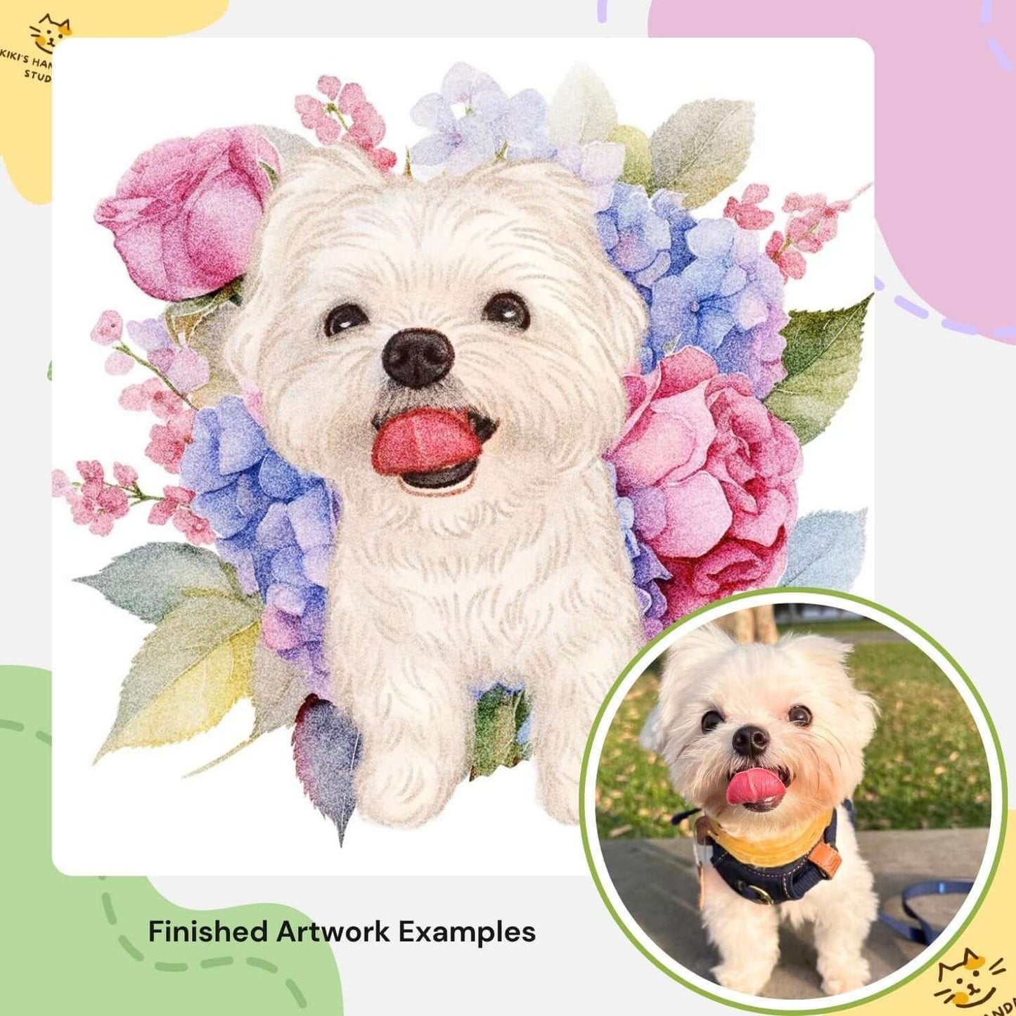 Custom pet portrait of a white dog with colorful flowers, digital artwork example.