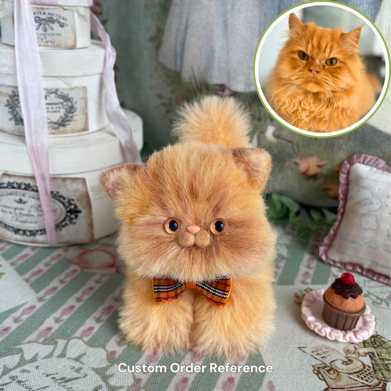 Custom handmade fluffy kitten plush toy with a bow tie, designed as a reference for custom orders.