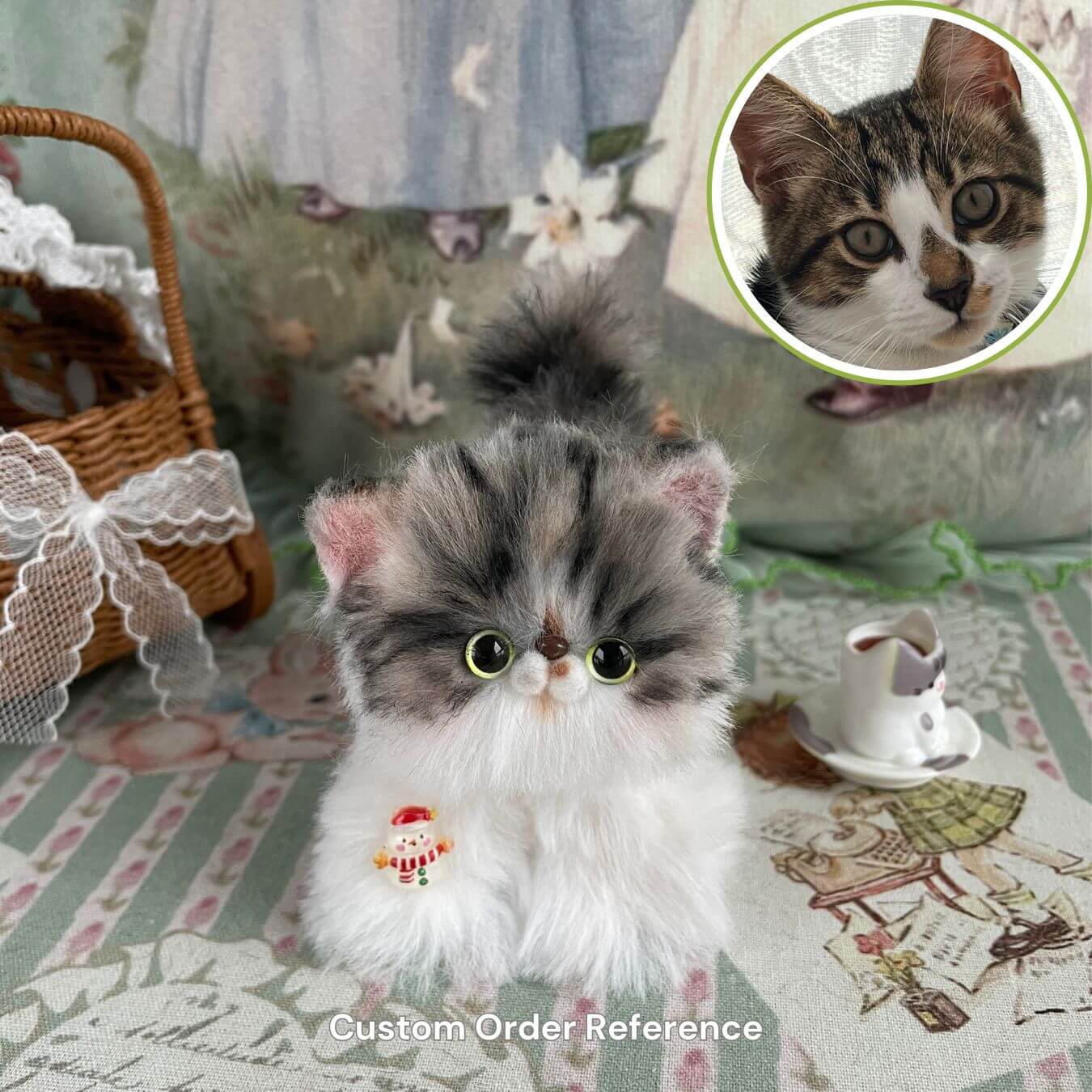 Custom handmade fluffy kitten plush toy with personalized kitten face reference for custom order.