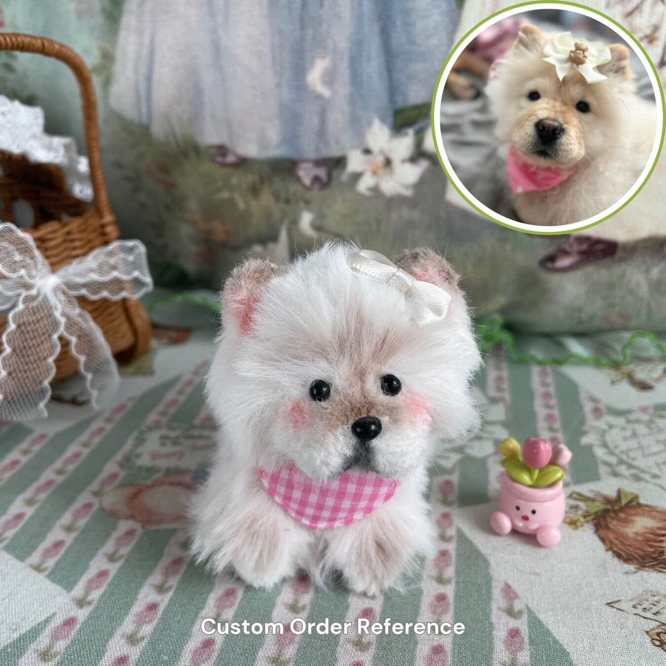 Custom handmade fluffy kitten plush toy with pink bow and blush cheeks, modeled after a real pet, on a decorative background.