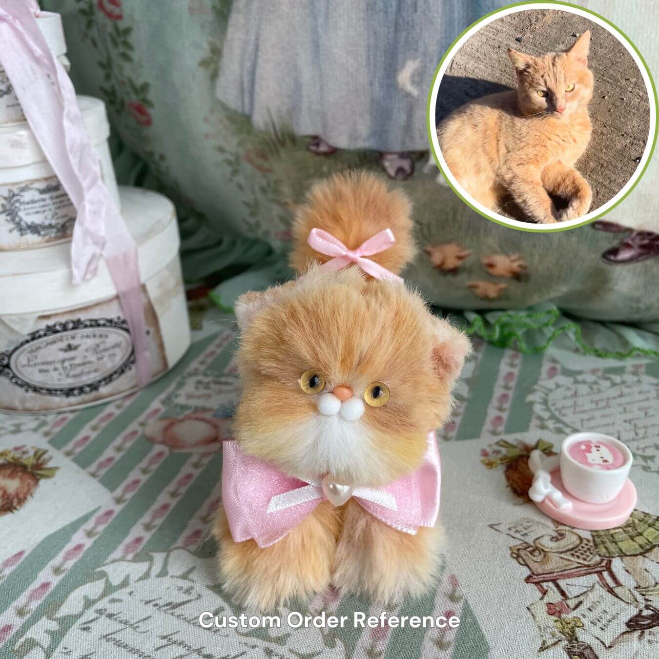 Custom handmade plush toy kitten in pink bow, resembling real cat, perfect for collectors and cat lovers.