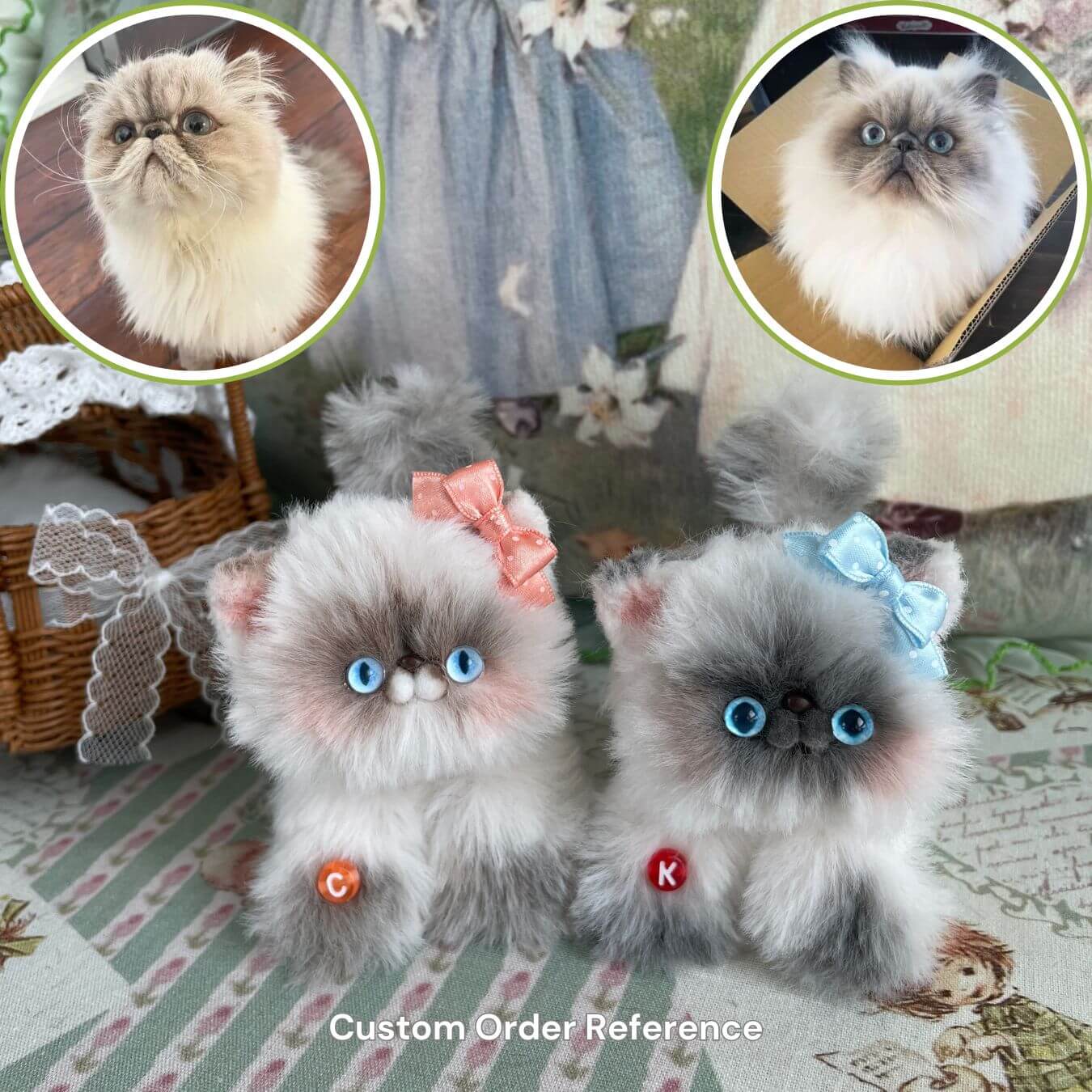 Custom handmade fluffy kitten plush toys with bow accessories, reference images of real kittens for design customization