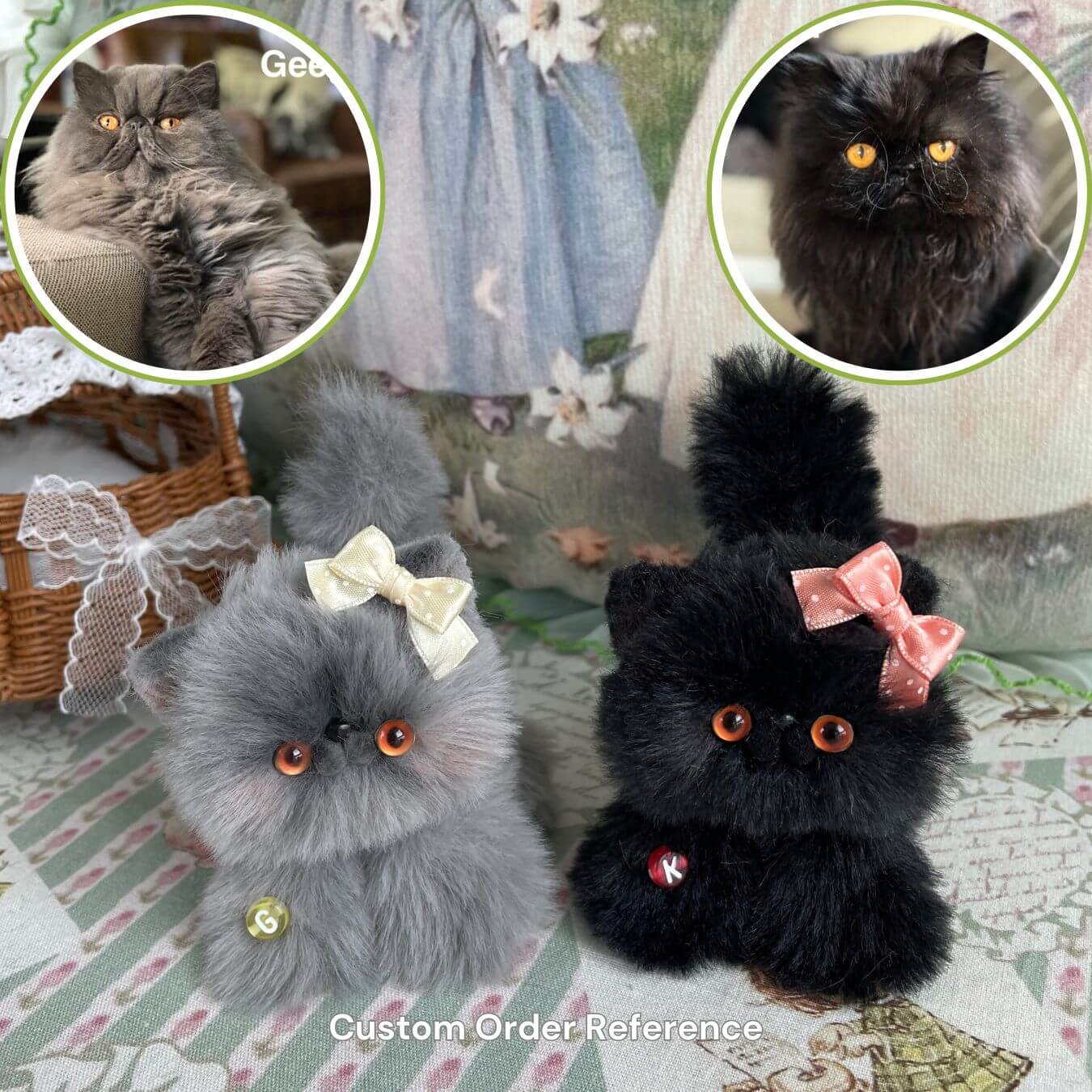 Handmade fluffy kittens plush toys with bows, custom order reference, featuring realistic grey and black cats for comparison.