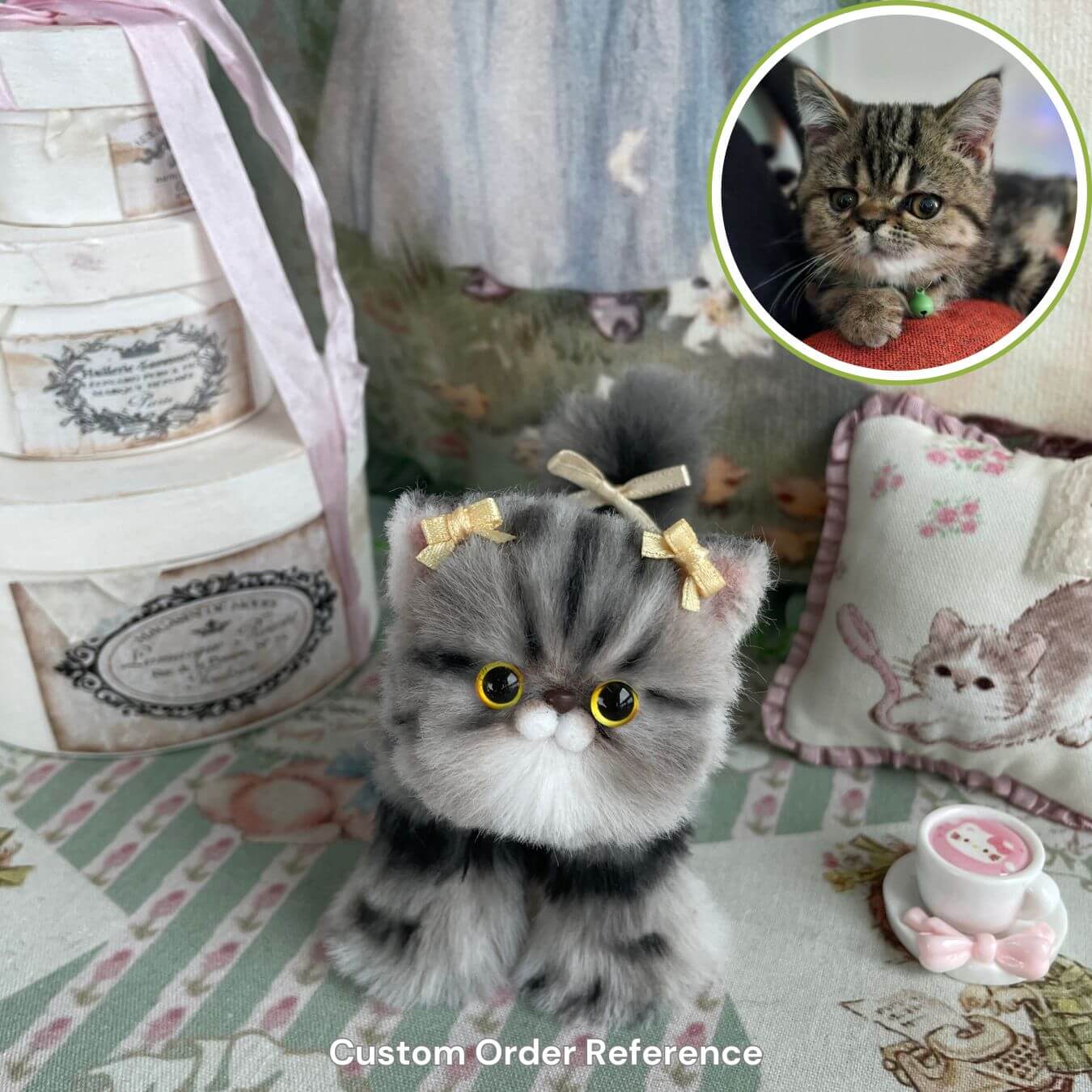 Custom handmade fluffy kitten plush toy with yellow bows, styled as a cute decoration, alongside a photo reference of a real kitten.