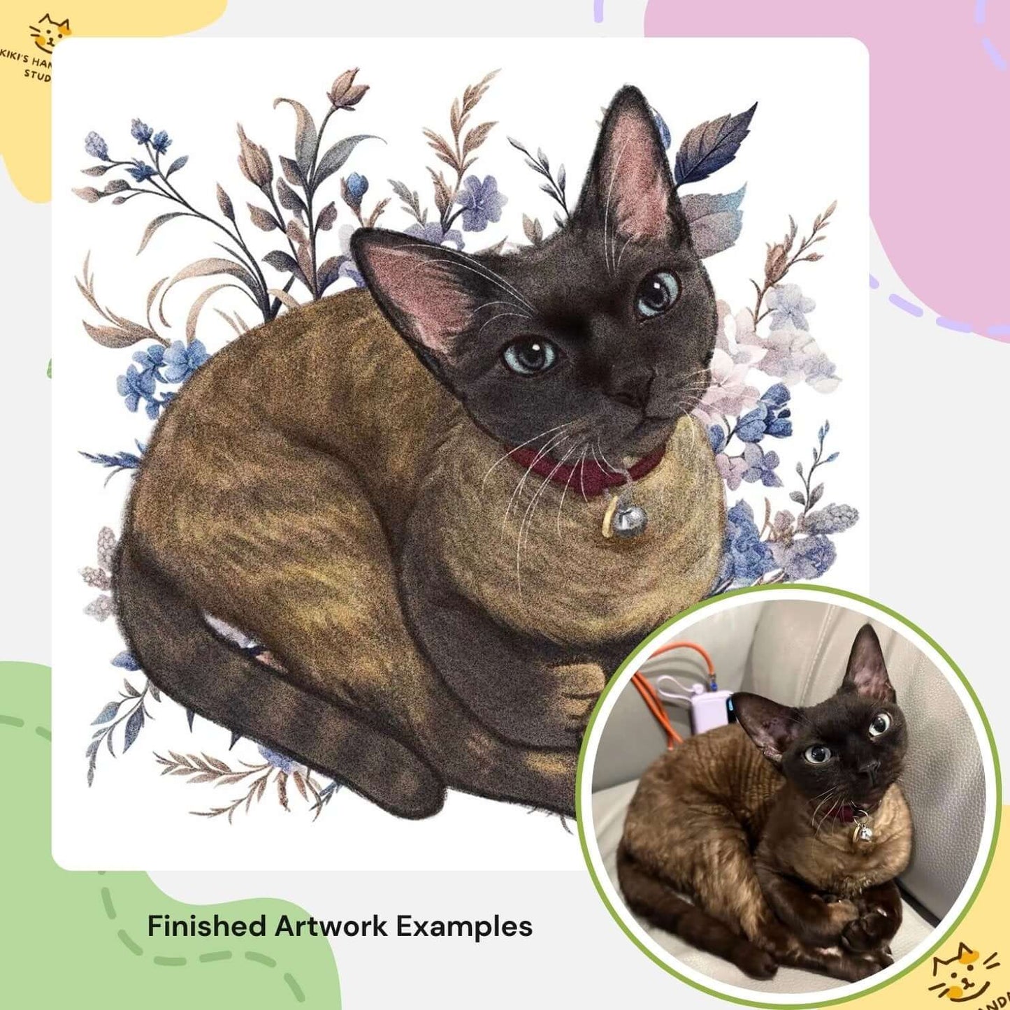 Custom digital pet portrait of a cat with floral background, showcasing example of finished artwork compared to original photo.