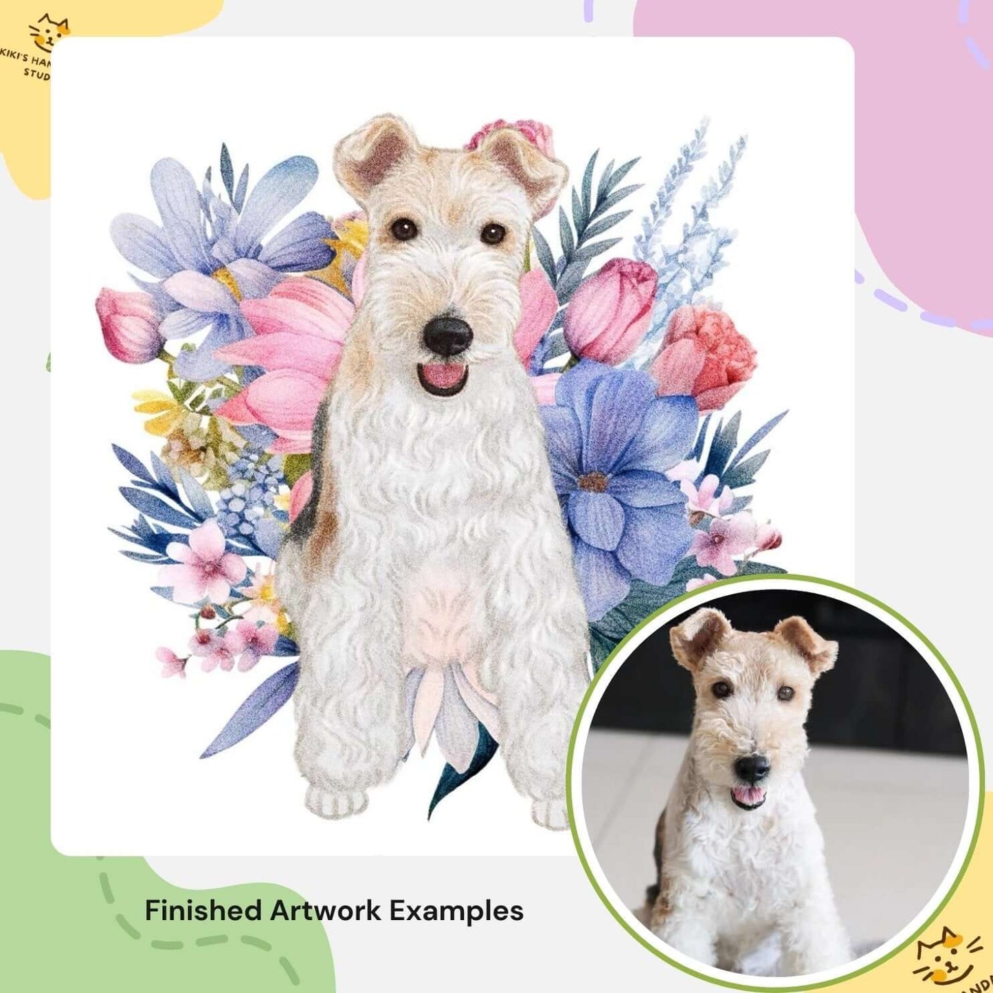 Custom digital pet portrait of a dog with colorful floral background, showcasing finished artwork example.