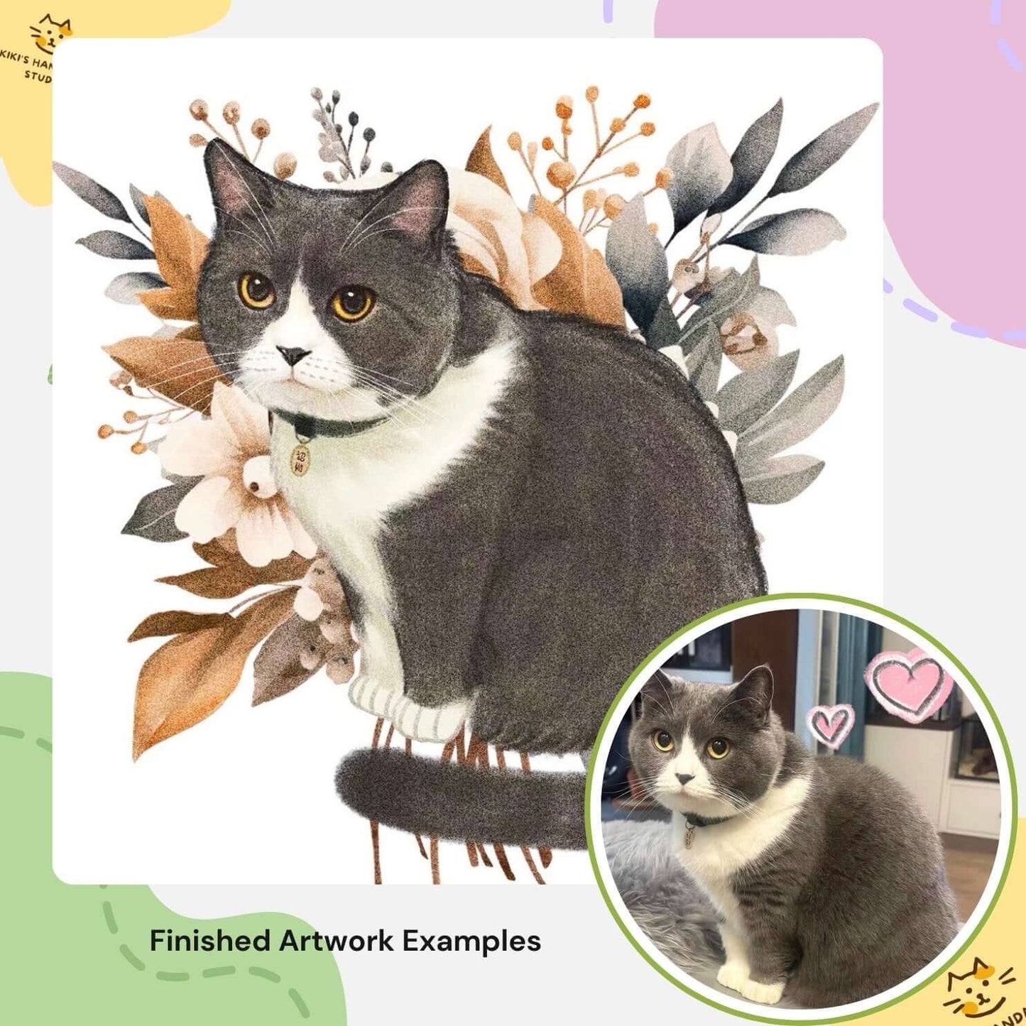 Custom digital pet portrait featuring a cat surrounded by floral elements, with a real-life photo for comparison. Perfect for pet lovers.