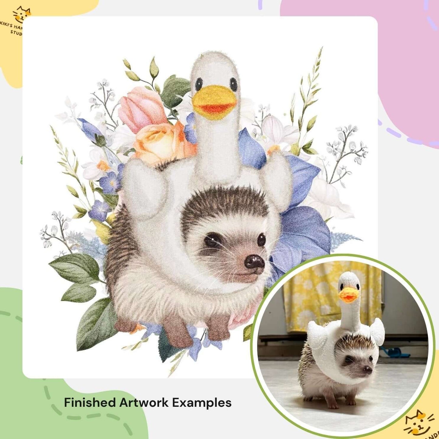 Custom digital portrait of a hedgehog wearing a duck costume surrounded by colorful flowers, ideal for printing and decoration.