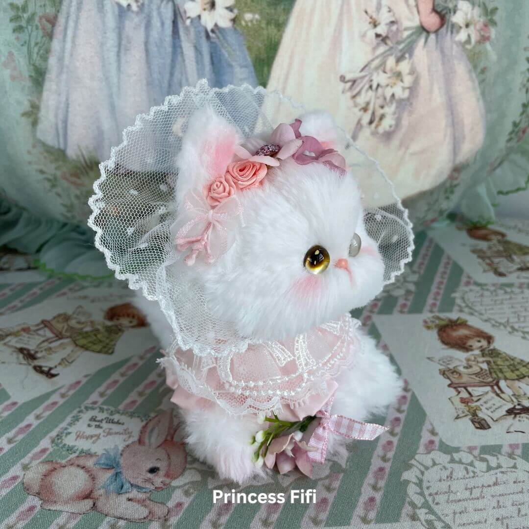 Enchanted Big Paws Collection handmade plush white kitten with lace bonnet and rose details, perfect for cat decor and gifts.
