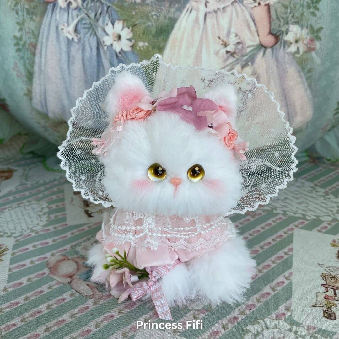 Enchanted Big Paws Collection plush kitten toy "Princess Fifi" in pink lace outfit, perfect cat lover gift and decorative accessory.