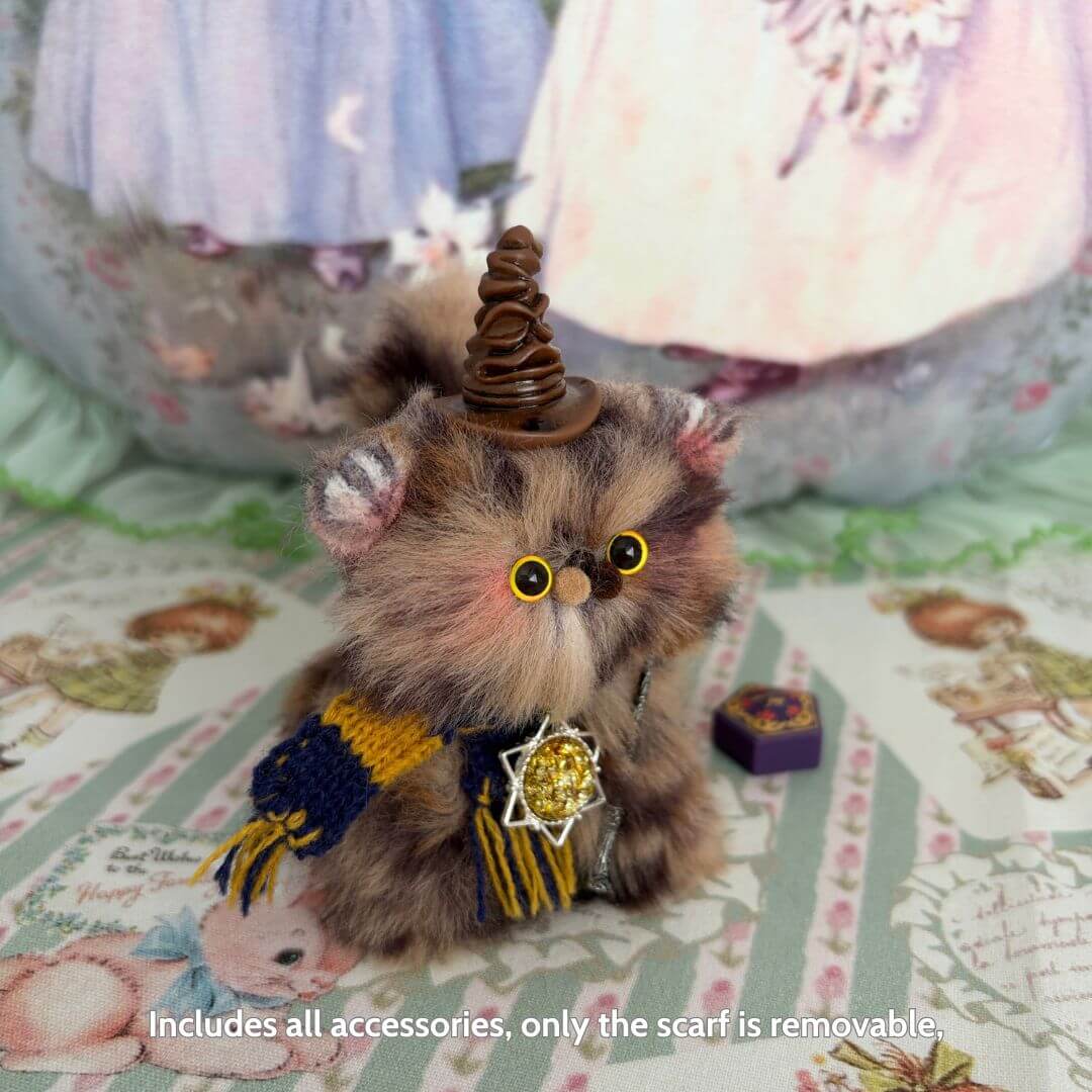 Magic Kitty Companions, fluffy kitten figurine with a wizard hat, colorful scarf, and magical charm, handmade in UK.