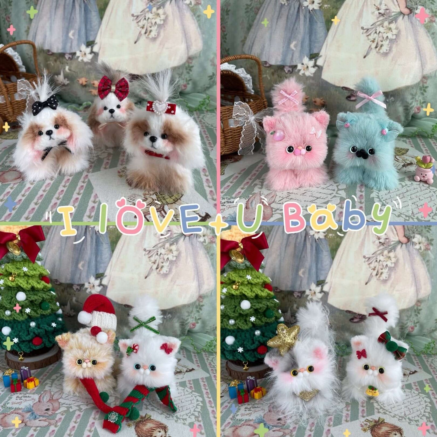 Display of handmade plush kitten and puppy toys with holiday decorations, showcasing fluffy soft toys and festive cheer.