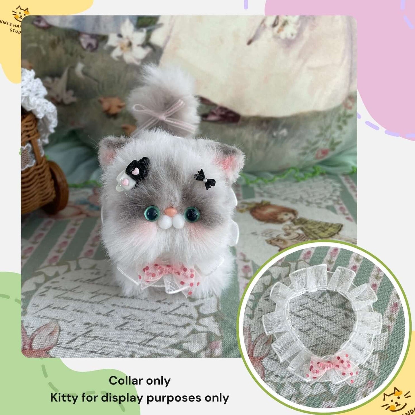 Handmade polka dot bow collar on a plush kitten toy, showcasing charming pet accessory for kittens or small animals, collar only displayed.