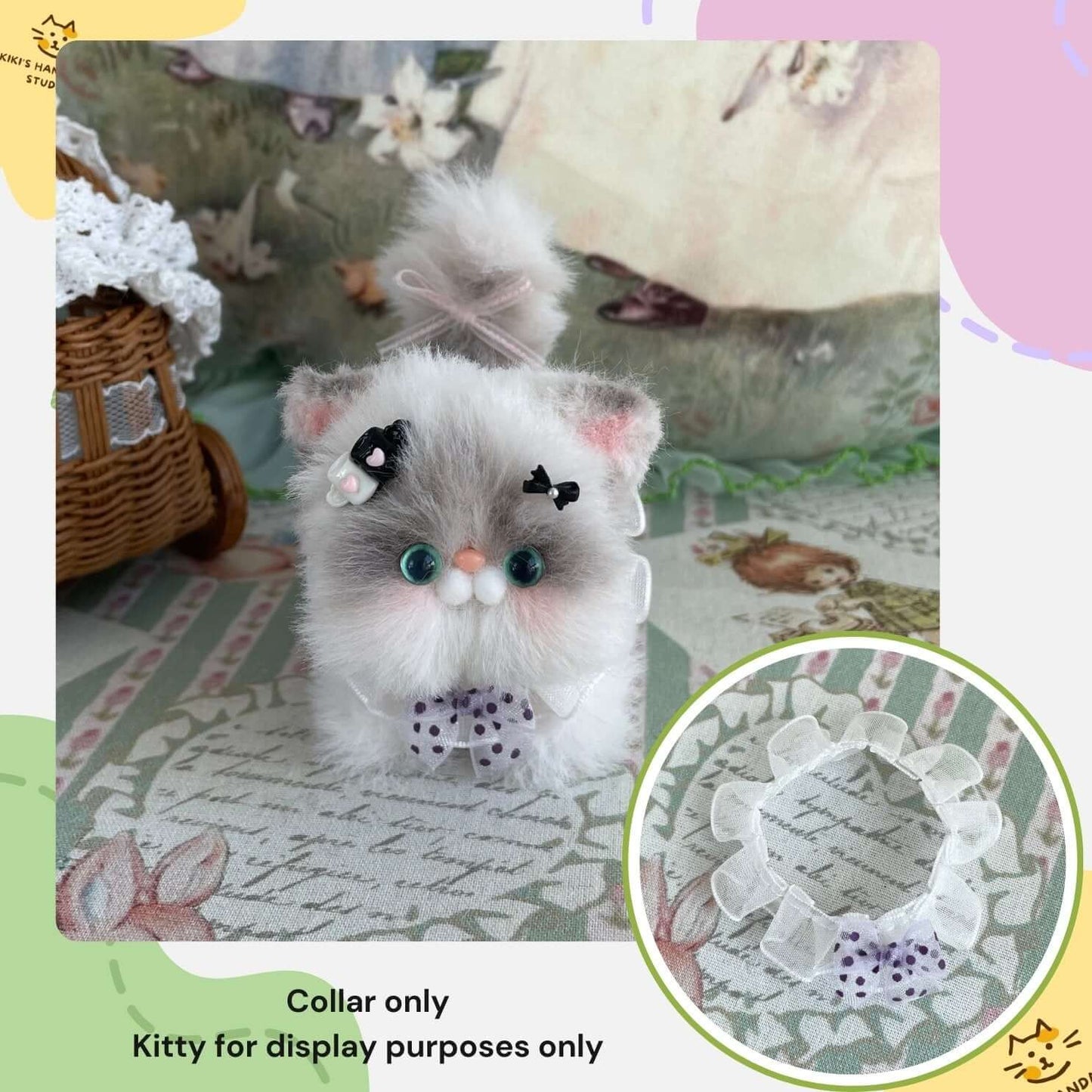 Handmade polka dot bow collar displayed on a plush kitten toy, perfect for small animal accessories or decoration.