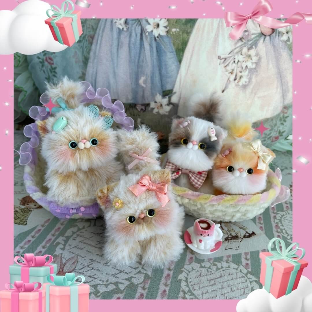 Handmade plush kitten decorations by artist Kiki, inspired by her cat Jelly. Ideal gift for cat lovers and home decor.