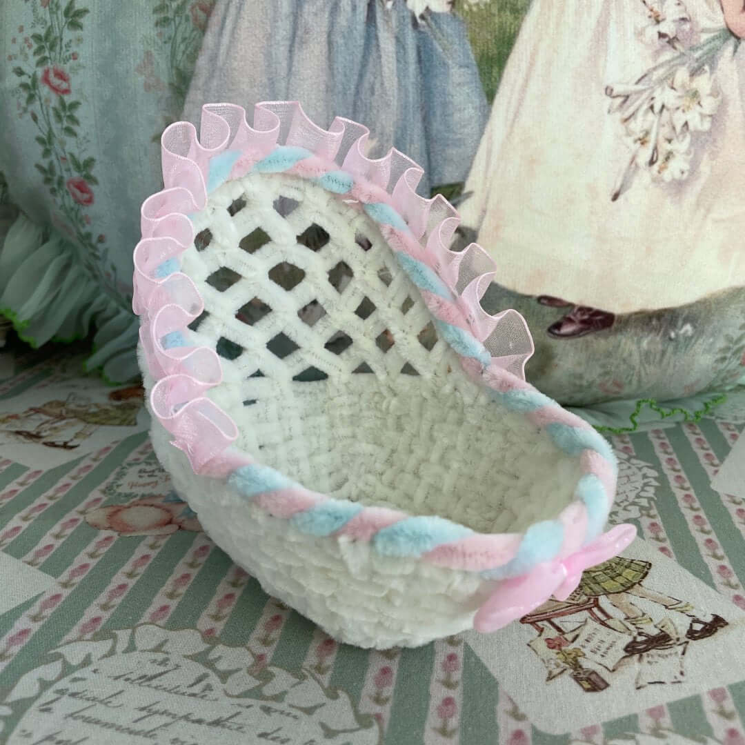 Handmade Whimsy Cradle with pastel trim, perfect mini basket for plush toys or dollhouse decor.