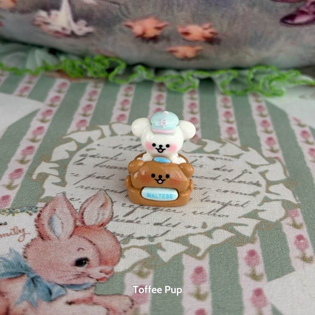 Puppy Car Mini Decor featuring fluffy white puppy figurine on a brown toy car, cute playful design, handmade collectible.