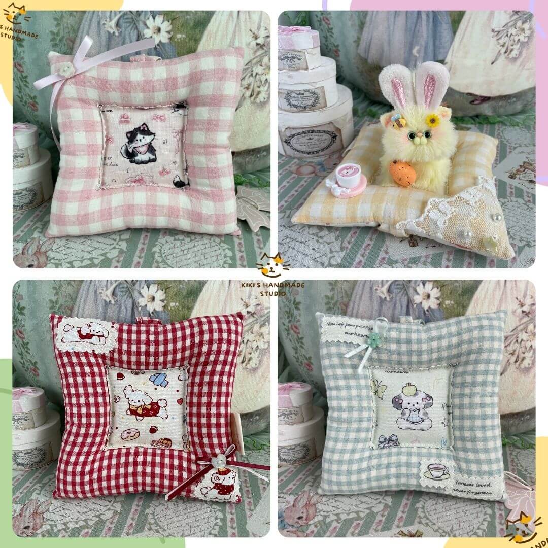 Handmade kitten coasters with plush toy displays, featuring cat-themed designs on soft checkered fabric. Ideal for cups and decoration.