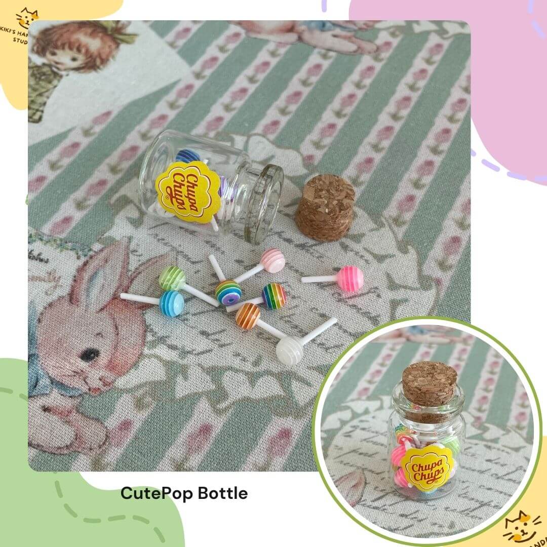 Miniature candy jar with colorful lollipops and cute pop bottle design, perfect for dollhouse decor or whimsical displays.