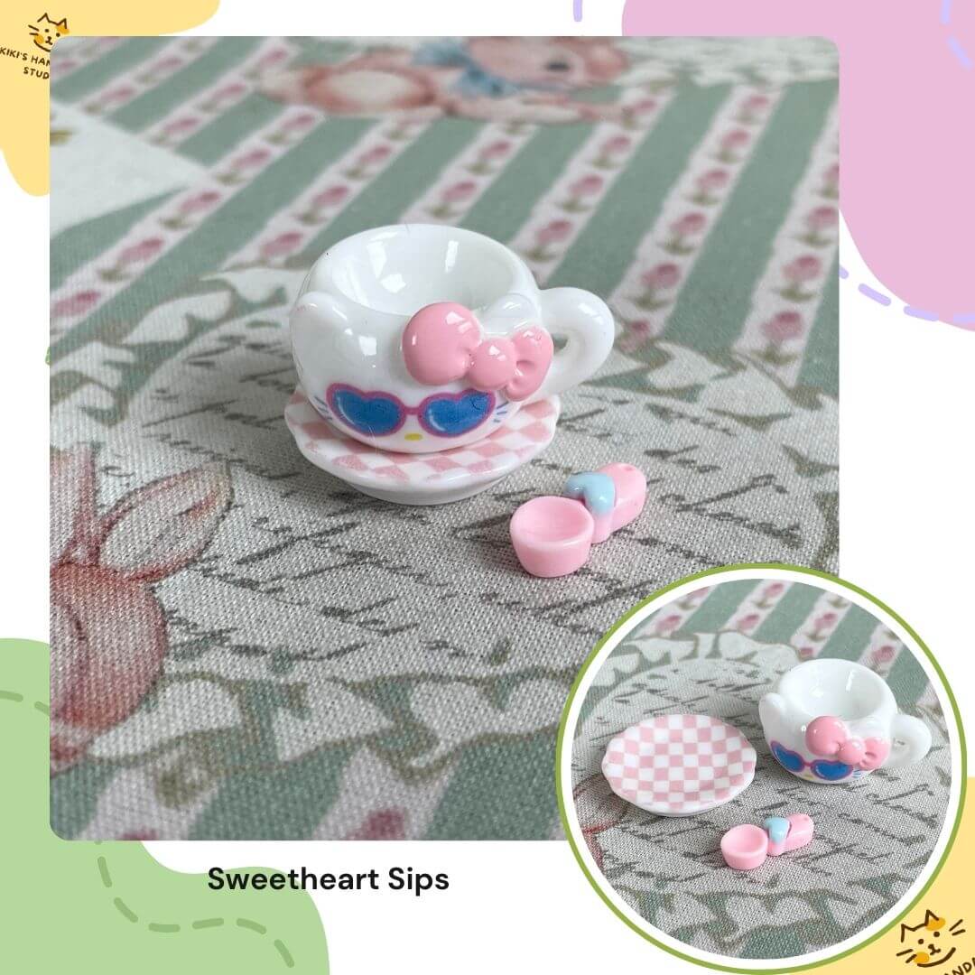Miniature Sweetheart Sips decor with pink bows and hearts, ideal for dollhouses and paired with Handmade Fluffy Kittens.