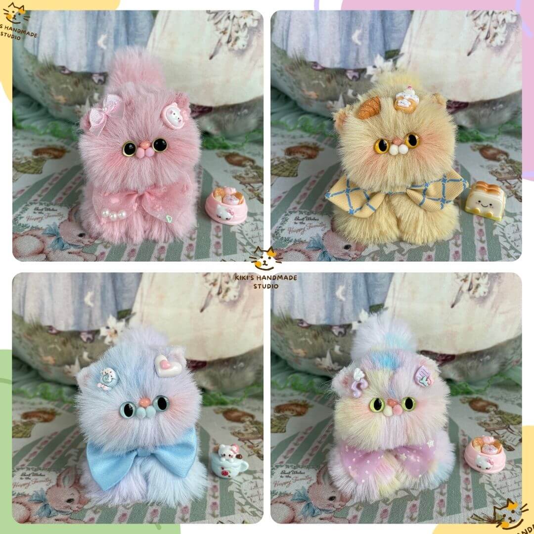 Fluffy Kitten Collection plush toys in pastel colors, adorned with bows and sweets. Handmade small animal decorations.