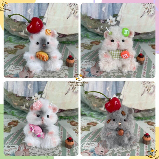 Handmade adorable hamsters with cherries, bows, and faux fur accessories, perfect for small animal decoration and collection.