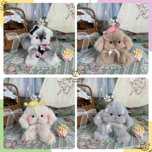 Handmade Adorable Bunny Collection with unique plush rabbits, each styled with bows and accessories, in various shades and colors.