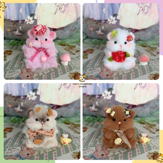 Adorable Hamsters Collection featuring four handmade hamsters in pastel colors with bows, accessories, and unique poses.