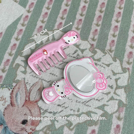 Adorable mini comb & mirror set in pastel pink with bow for plush toy kittens and puppies. Perfect kawaii accessory for collections.
