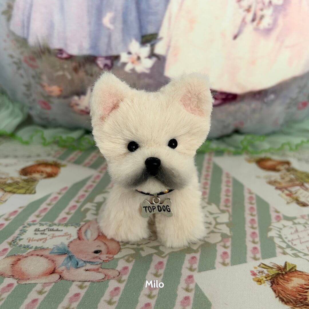 Adorable Puppy Collection featuring a fluffy white puppy figurine with a 'TOP DOG' collar and cute expression.