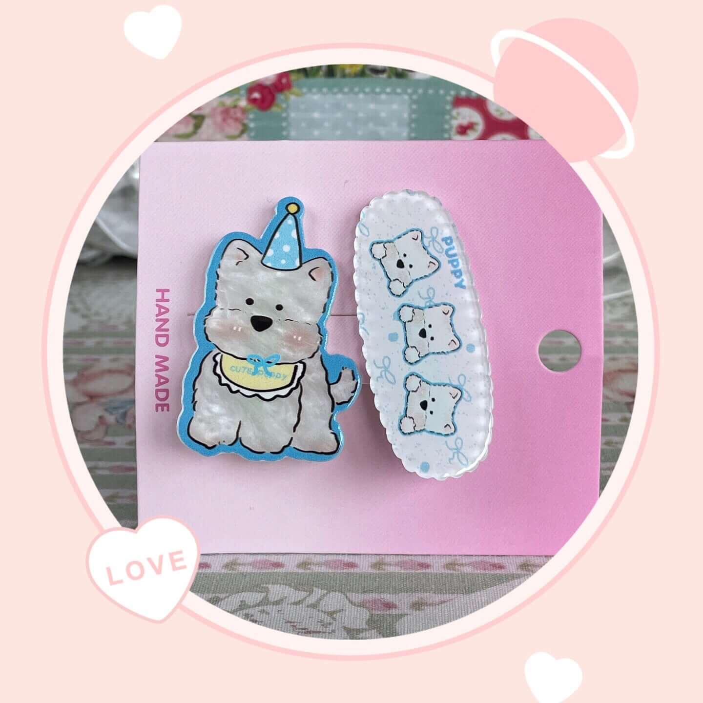 Adorable puppy themed hair clips for versatile use, perfect for hair accessories or clipping onto bags, featuring cute animal designs.