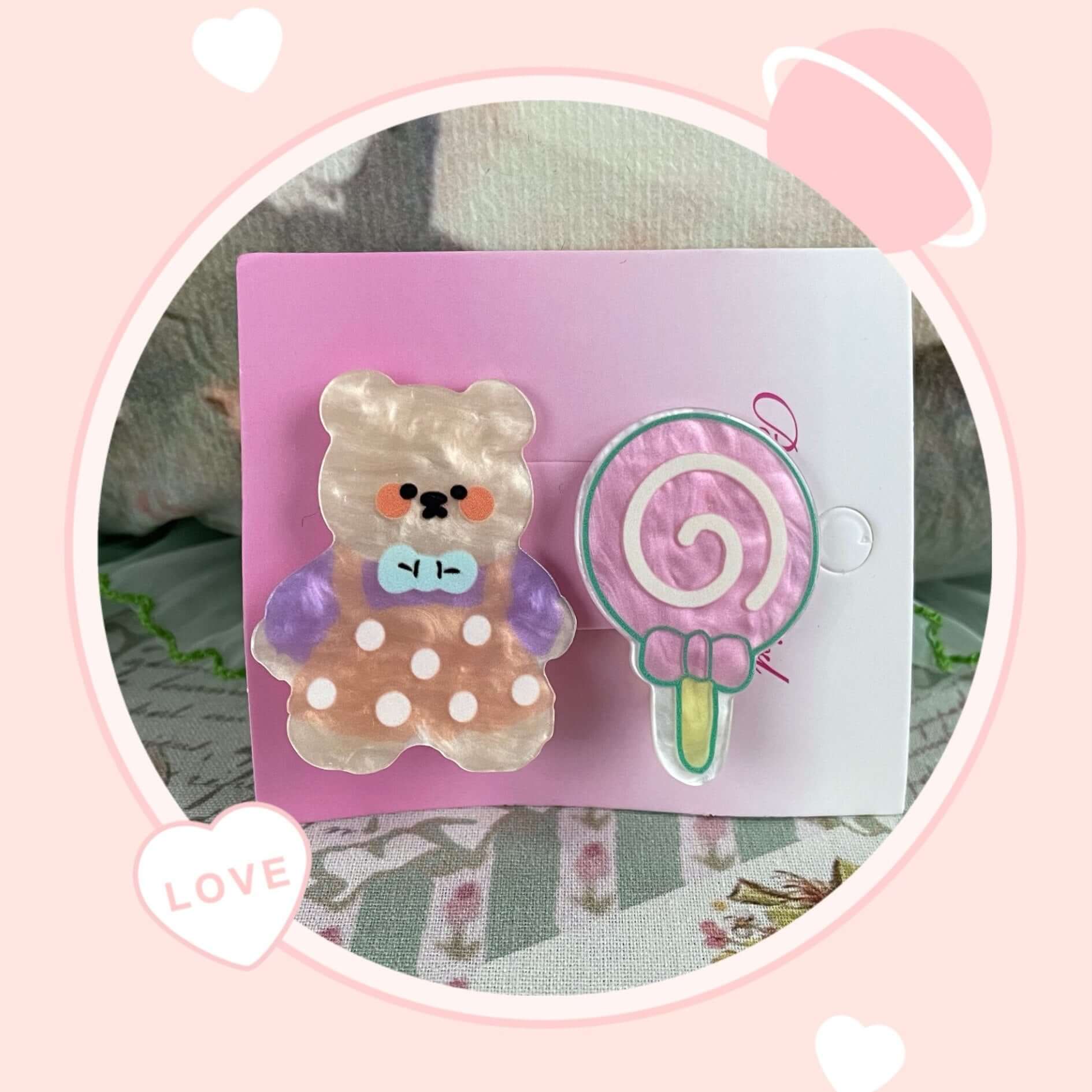 Cute teddy bear and lollipop Zootopia clips, ideal for hair or bags, adds charm to outfits, perfect small animal-themed accessory.