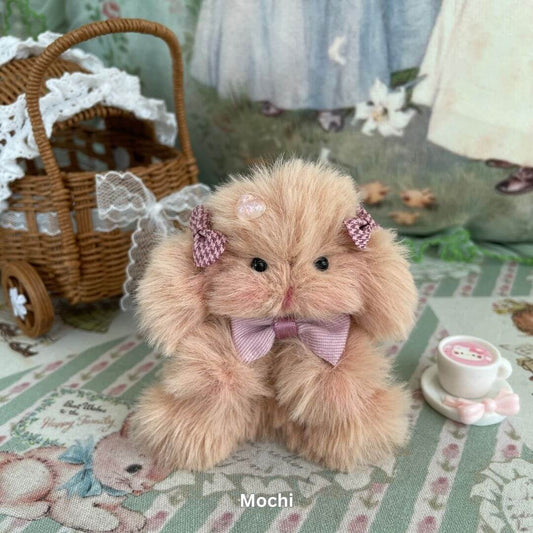 Handmade plush bunny toy with pink bows and cups, part of the Adorable Bunny Collection with faux fur and wire core.