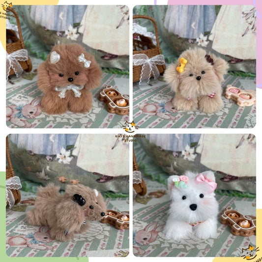 Adorable Puppy Collection: Handmade plush toy puppies on display with lifelike details, each with unique accessories in a playful setting.