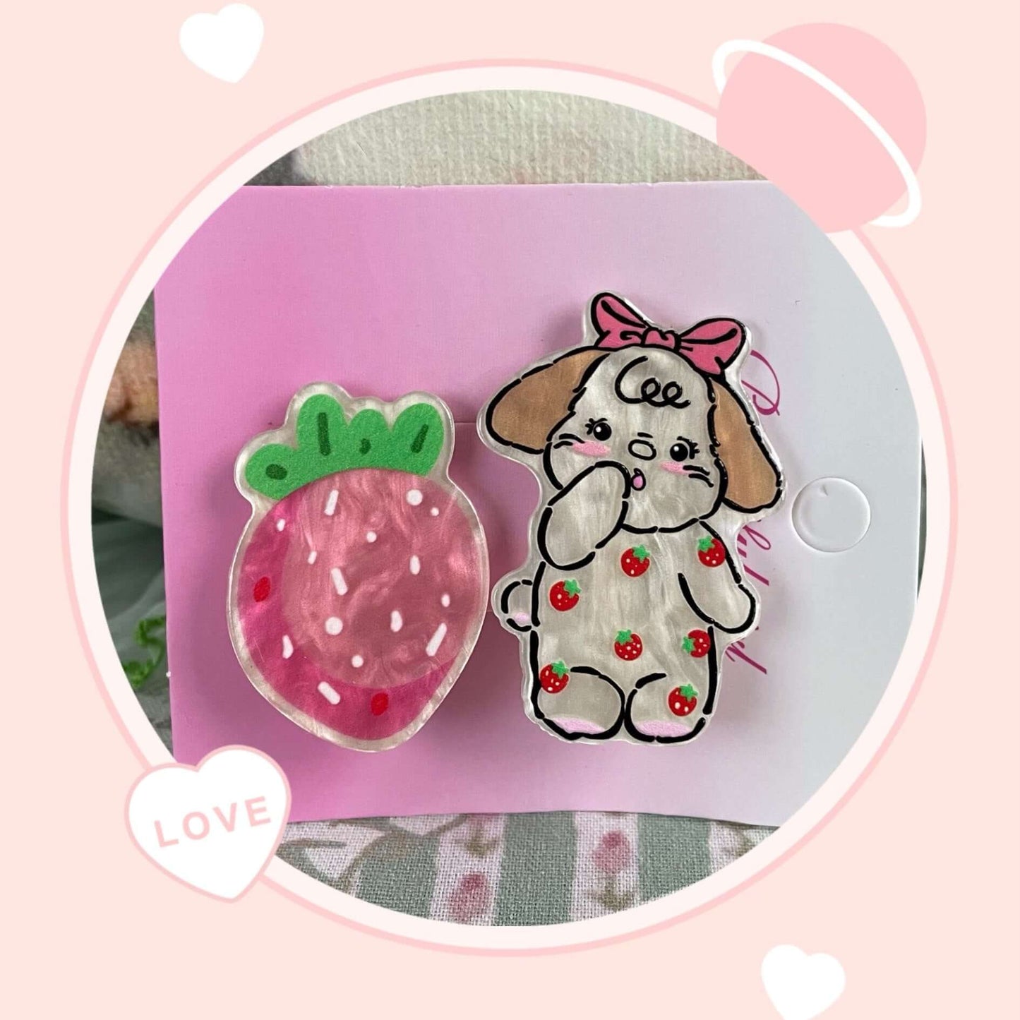 Strawberry and puppy-themed clip set, perfect for hair, bags, or clothing; adorable design ideal for accessorizing.
