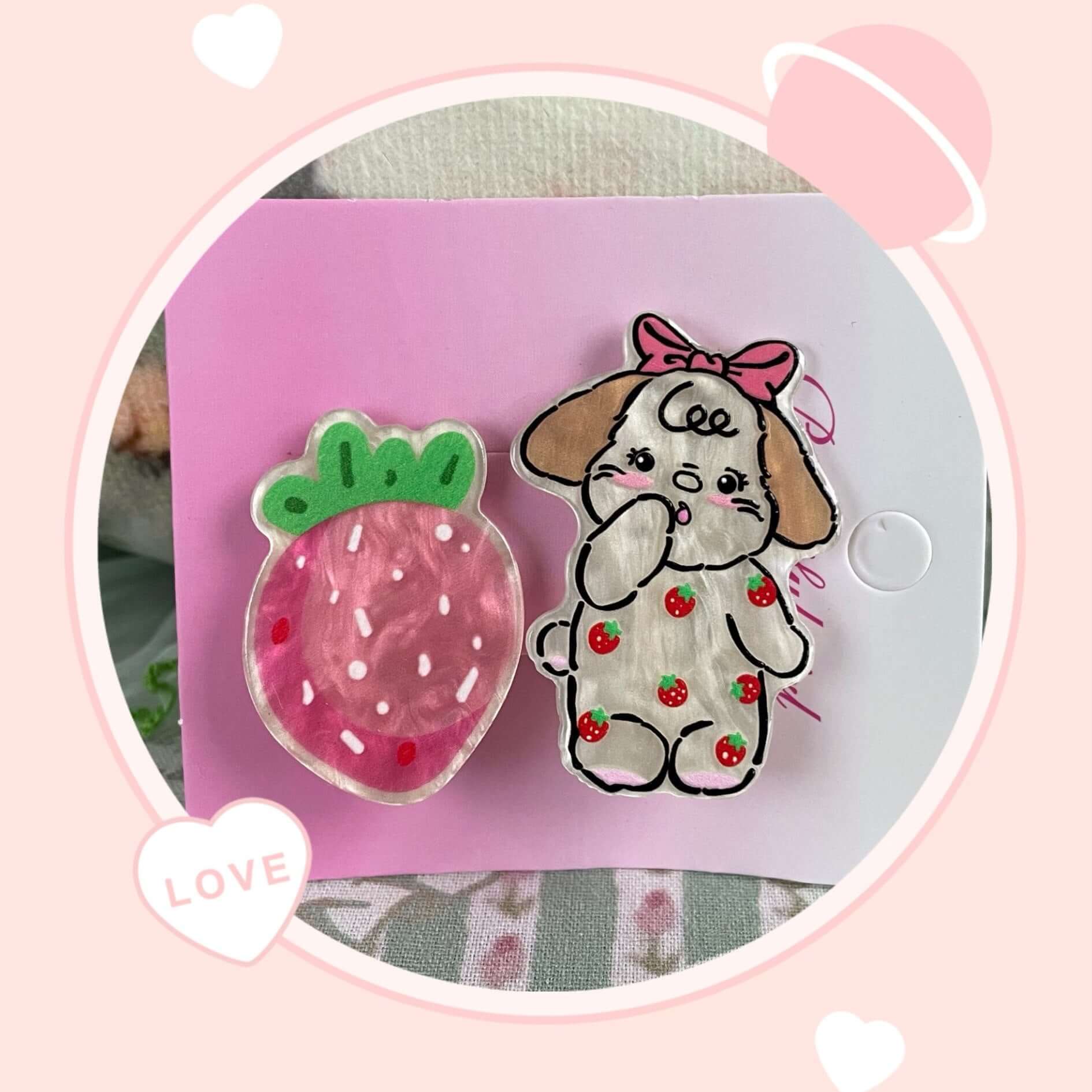 Strawberry and puppy-themed clip set, perfect for hair, bags, or clothing; adorable design ideal for accessorizing.