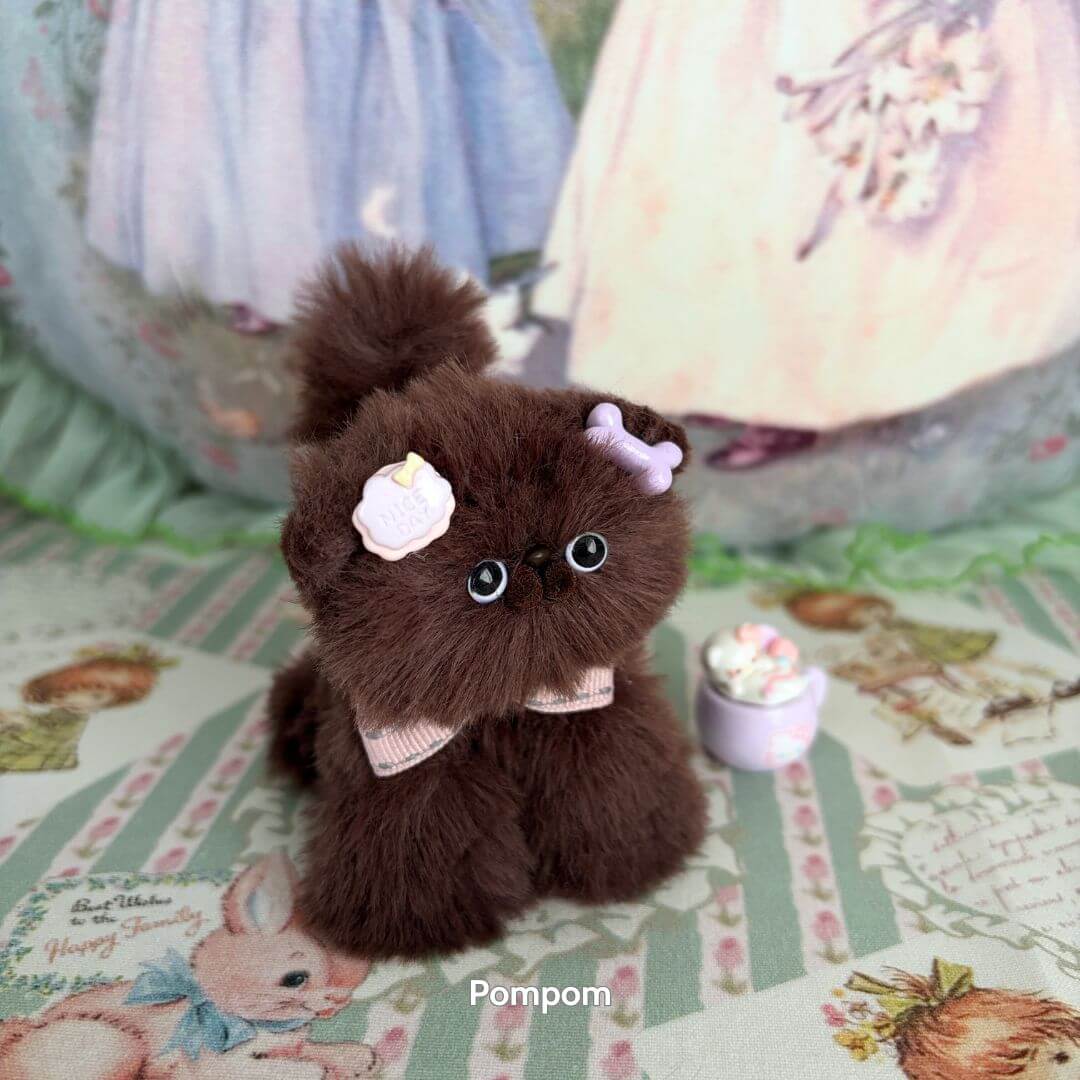 Brown Kitten Collection: fluffy brown kitten figurine with dessert-themed accessories, cute kawaii style, handmade in UK.