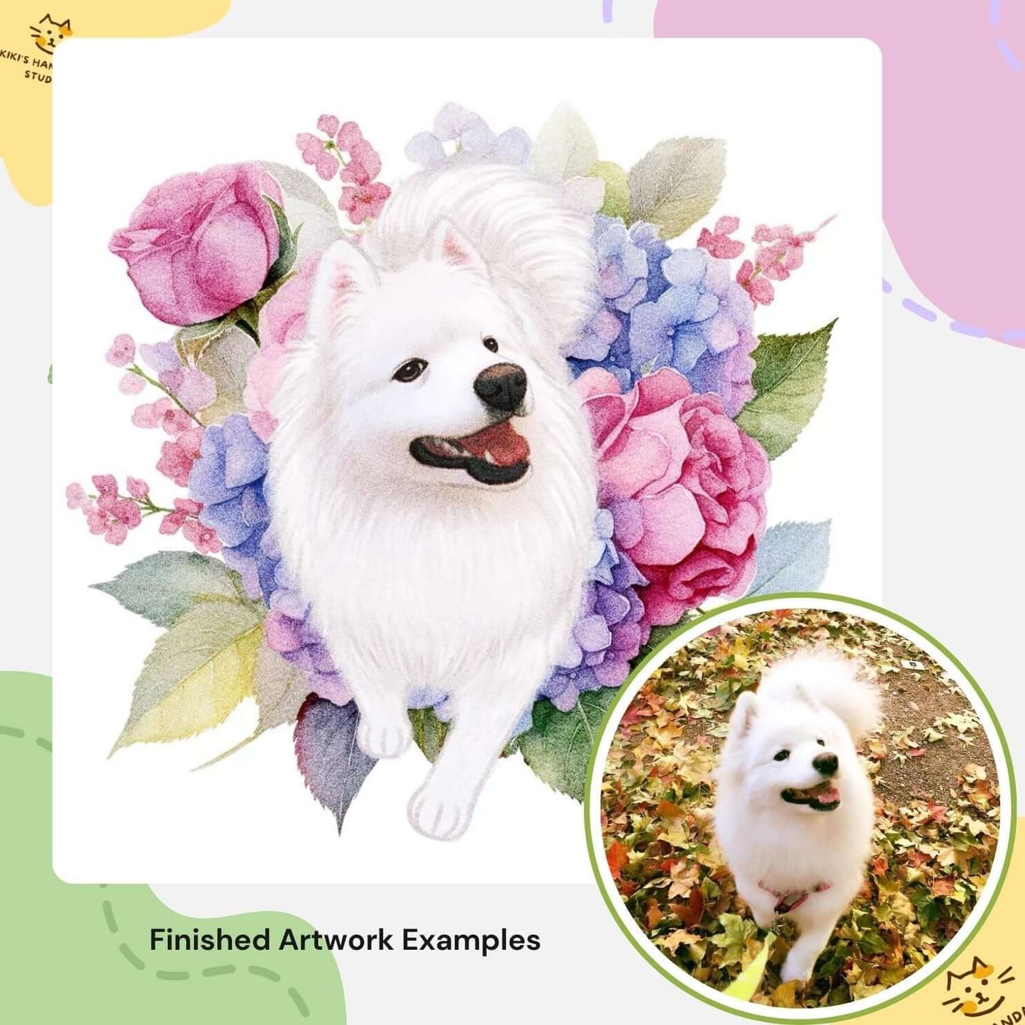 Custom digital pet portrait of a fluffy white dog with colorful floral background, showcasing finished artwork examples.