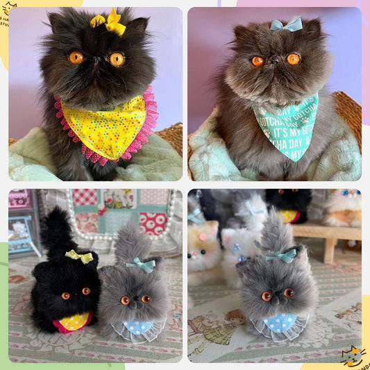 Custom handmade fluffy kitten plush toys, featuring gray and black cat designs with colorful bows and accessories.