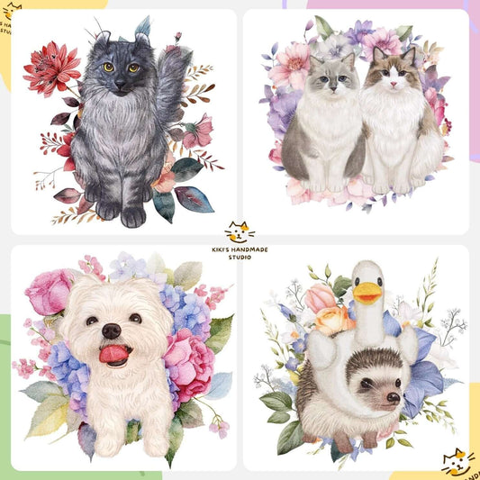 Custom pet portrait collage featuring a cat, pair of cats, dog, and hedgehog with floral backgrounds.