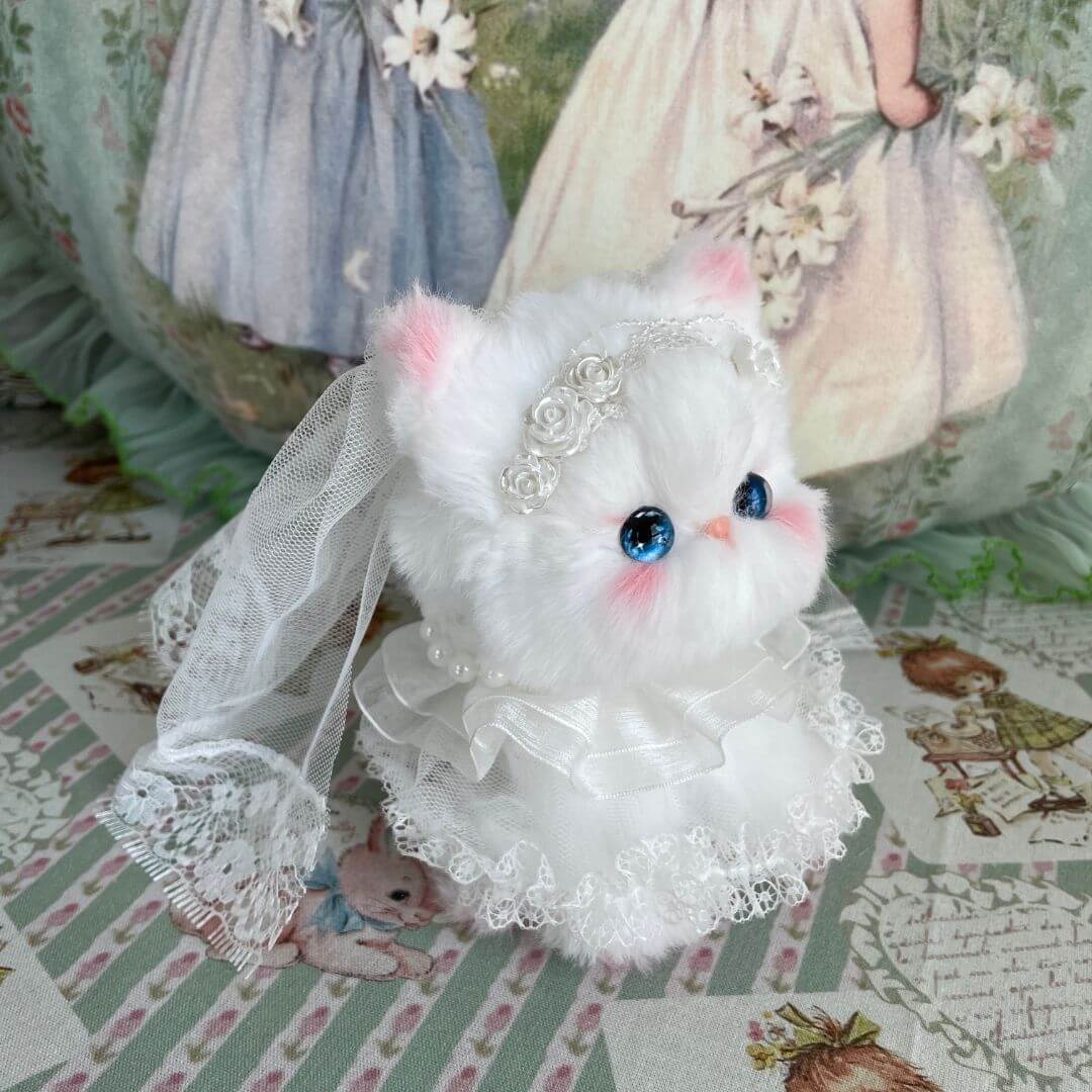 Enchanted Wedding of Mr. & Mrs. Paws, fluffy kitten figurine in bridal veil and dress, cute animal collectible, handmade in UK