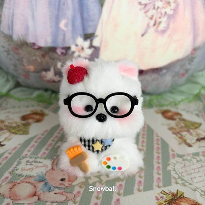 Handmade puppy from the Cosplay Puppy Collection, fluffy white with glasses, a paintbrush, and colorful palette, cute art theme.