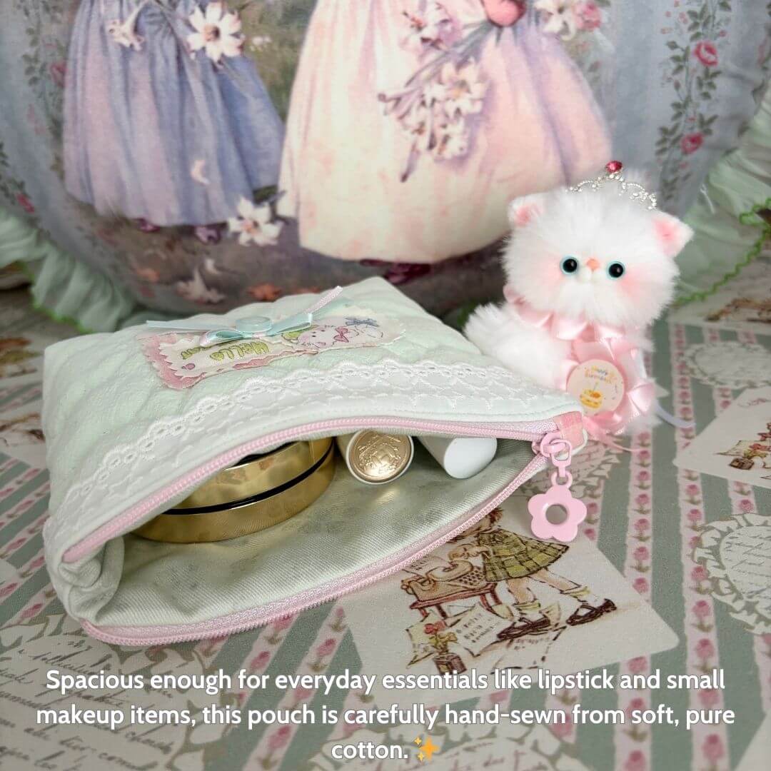 Cute Handmade Cotton Quilted Pouch – Small Everyday Organizer with pastel colors, lace accents, and a fluffy kitten figurine.