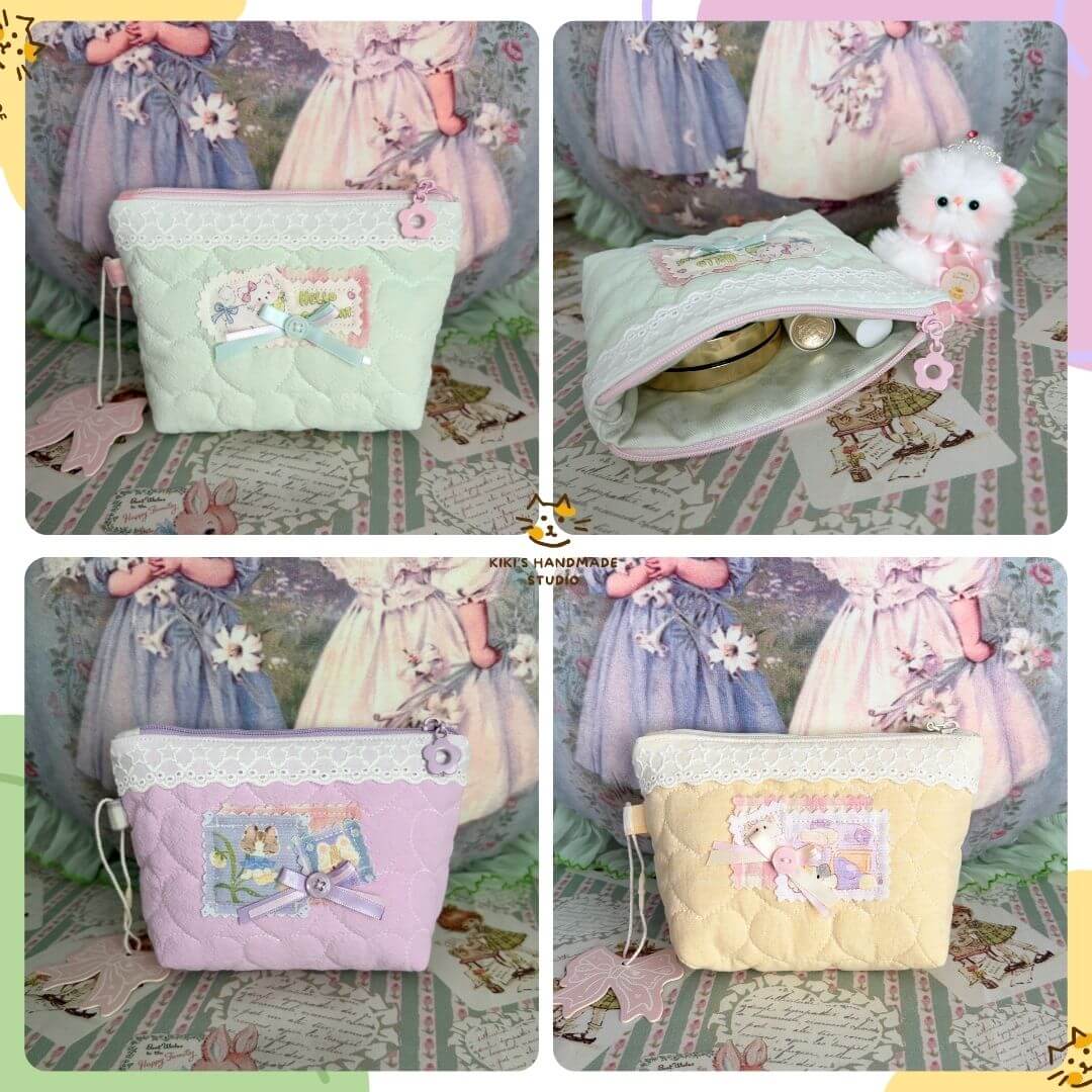 Cute Handmade Cotton Quilted Pouch – Small Everyday Organizer in pastel colors, showcasing sweet kitten embroidery and lace accents.